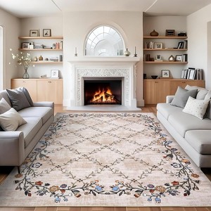 homfan Area Rug Washable Rug Beige Farmhouse Floral Floor Carpet with Rubber Backing, Non Shedding Low Pile Thin Mat, Soft Foldable Printed Carpet - 1 of 4