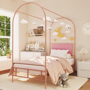 Acekool Twin Size Canopy Bed Frame with Upholstered Headboard, Metal Platform Kids Bed, Strong Slats, No Box Spring Needed - 1 of 4