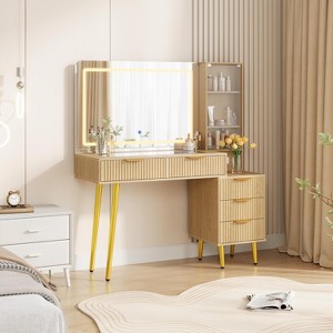 Large Vanity Desk with 36" Mirror and Lights,Fluted Makeup Glass Top Table with 5 Drawers - 1 of 4