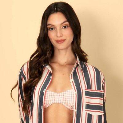 Solid & Striped Women's Striped Oversized Blousson Button Up Cover Up Shirt - Navy Blue/Red M — фото 2