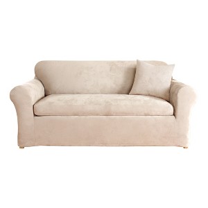 Taupe Stretch Suede 3pc Loveseat Slipcover - Sure Fit, Brown