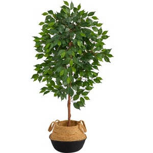 Nearly Natural 4-ft Ficus Artificial Tree in Boho Chic Handmade Cotton & Jute Black Woven Planter - 1 of 4