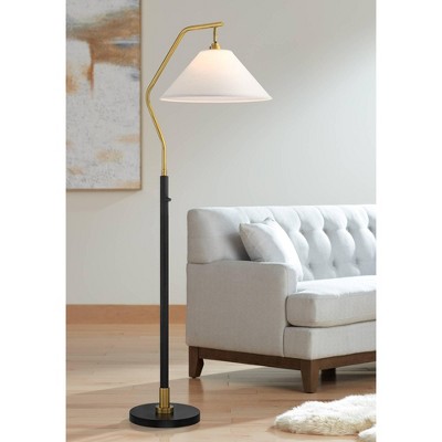 66" Black and Gold Arc Floor Lamp with White Fabric Shade