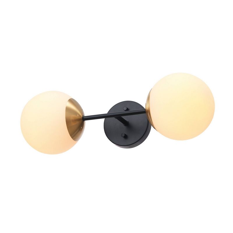 Celestia 2-Light Matte Black Wall Sconce with Antique Brass Accent Socket and Matte Opal Glass Shades - Globe Electric, 4 of 11