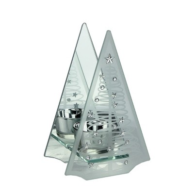 Ganz 6.75" Frosted Glass Mirrored Christmas Tree Tea Light Candle Holder - Clear/Silver