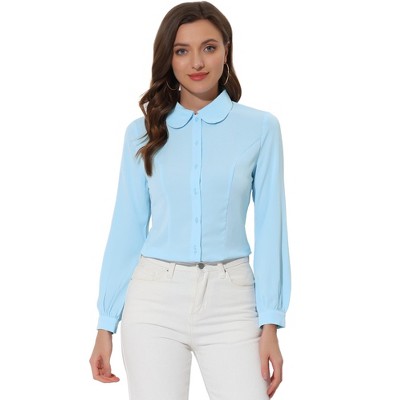Allegra K Women's Work Peter Pan Collar Long Bishop Sleeve Button Down Shirt