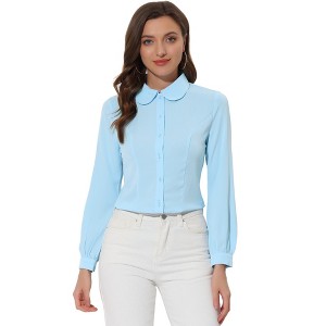 Allegra K Women's Work Peter Pan Collar Long Bishop Sleeve Button Down Shirt - 1 of 4