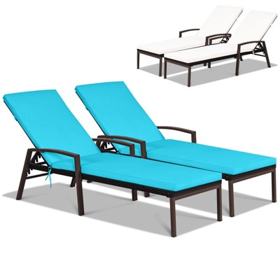 Tangkula 2 PCS Patio Rattan Chaise Lounge Chair Reclining with Cushion and Armrest 2 Cushion Cover Sets Wicker Sun Lounger with Adjustable Backrest