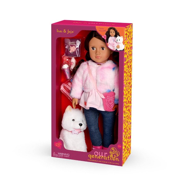 Set de muñeca Our Generation Ines & Jojo de 18" con mascota perrito 7