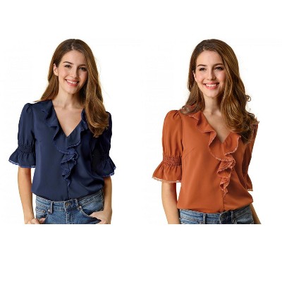 Allegra K Women's Ruffle V Neck Puff Sleeve Summer Casual Chiffon Peasant Top 2 Packs
