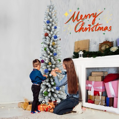 YOOCOZZ Trendy Christmas Decor- Flocked Pencil Snowy PVC Xmas Tree, Warm White LED Lights, Slim Tips, Metal Stand, Space-Saving Design, Easy Setup
