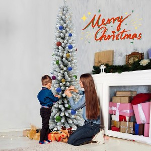 YOOCOZZ Trendy Christmas Decor- Flocked Pencil Snowy PVC Xmas Tree, Warm White LED Lights, Slim Tips, Metal Stand, Space-Saving Design, Easy Setup - 1 of 4