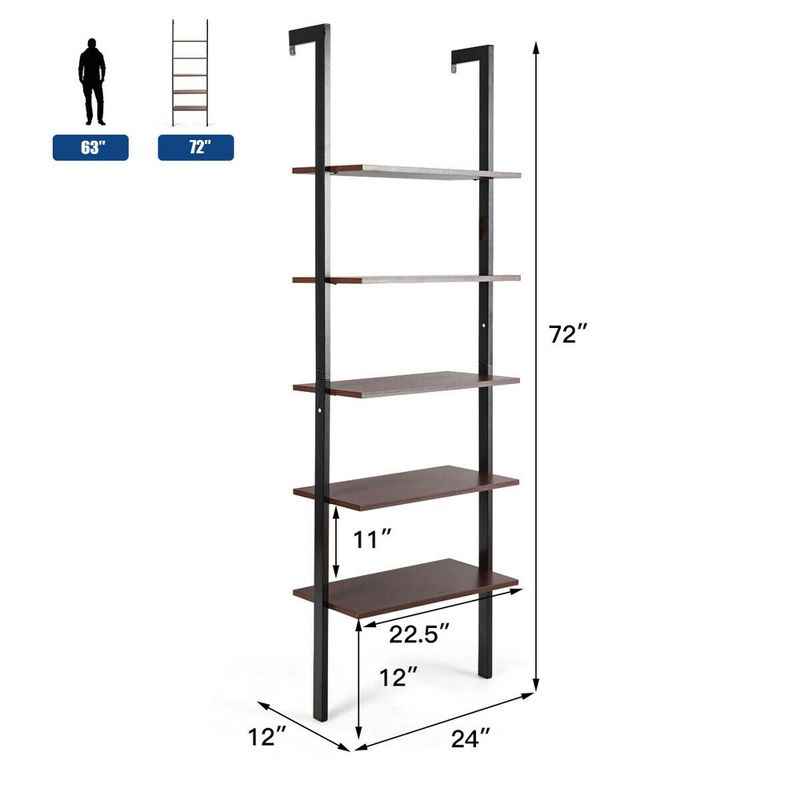 Costway 5-Tier Ladder Shelf Wood Wall Mounted Display Bookshelf Metal Frame Brown & Black/Brown & White/Bronze, 3 of 13