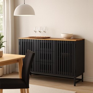 Homy Casa Modern 4 Door Sideboard Buffet Cabinet with Slatted Design and Adjustable Storage, Black - 1 of 4