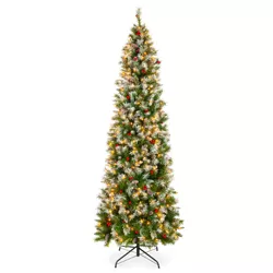 Best Choice Products Pre-Lit Pencil Christmas Tree, Pre-Decorated, Frosted w/ Flocked Tips, Lights, Base