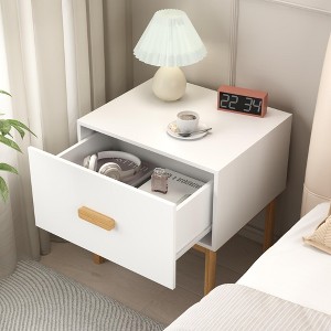 Modern White Nightstand with Drawer and Wood Legs, Minimalist Bedside Table with Handle for Bedroom, Living Room, Apartment - 1 of 4