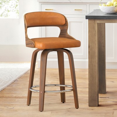 26" Counter Height Bar Stools, Mid Century Bar Stool with Solid Back, Barstools with Walnut Finish and Faux Leather Seat, 360-degree Swivel Bar Stools