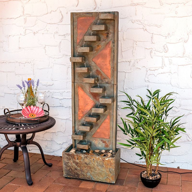 Sunnydaze 48"H Electric Natural Slate and Copper Accents Descending Staircase Outdoor Water Fountain with LED Light, 3 of 11