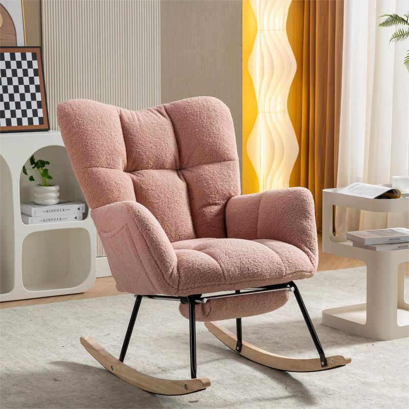 April Upholstered Glider Rocker with Footrest,Nursery Rocking Chair With Footrest,with High Backrest Mid Century Rocking Chair-Maison Boucle‎, 3 of 9