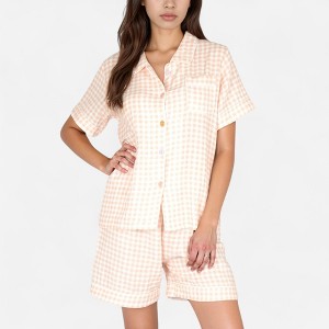 Anna-Kaci Lounge Women's Gingham Short Sleeve Pajama Set with Contrast Buttons and Matching Shorts - 1 of 4