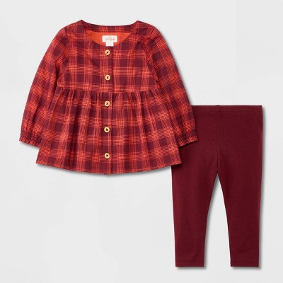 Image of Baby Girls' Plaid Button Tunic Top & Leggings Set - Cat & Jack™ Dark Red 12M