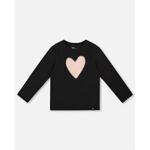 Deux par Deux Girl Organic Cotton Long Sleeve T-Shirt Black with Heart - 1 of 4