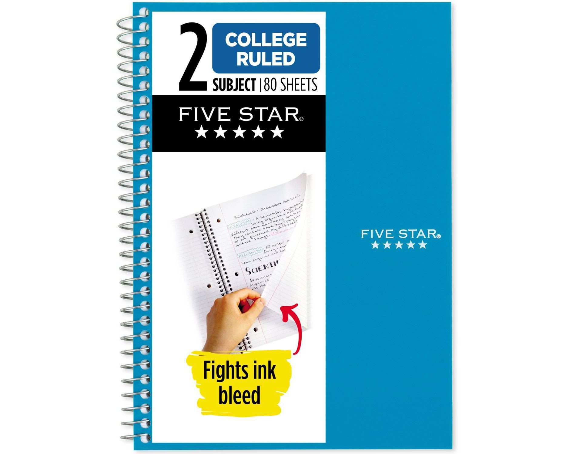 Five Star 80pg 2 Subject College Ruled Notebook 9.5"x6": Spiral, Wire-Bound, Acid-Free, Perforated, Water-Resistant, Pocket