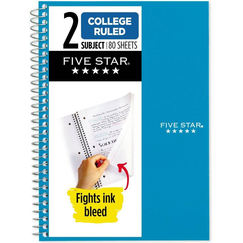 Five Star 80pg 2 Subject College Ruled Notebook 9.5&#34;x6&#34;, 1 of 8