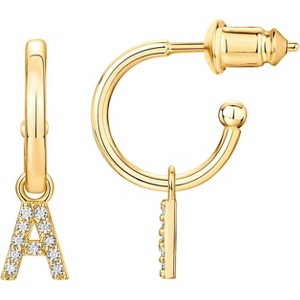 14K Gold Plated Sterling Silver Huggie Earrings with Initial Dangle - CZ Huggie Hoop Earrings - 1 of 4