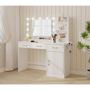 Vanity Desk with Mirror, LED Lights and Power Outlet Makeup Table with 3 Drawers and Storage Shelves Dressing Table for Bedroom Dressing Room White - 1 of 4