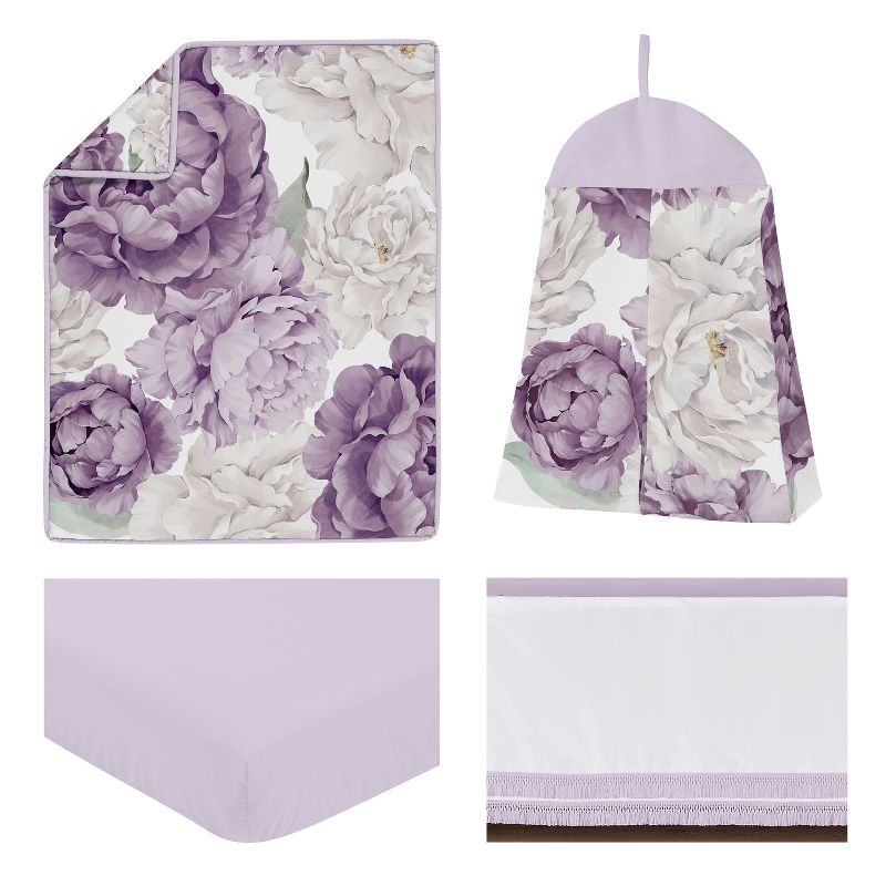 Sweet Jojo Designs Girl Baby Crib Bedding Set - Peony Floral Garden Purple Ivory 4pc, 3 of 6