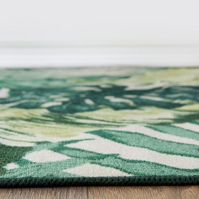 Large Green and White Synthetic Tropical Floral Area Rug