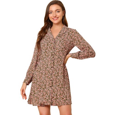 Allegra K Women's Vintage Floral Print Camp Collar Long Sleeve Button Down Short Shirt Dress