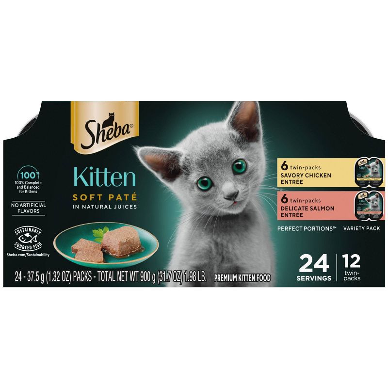 Sheba Kitten Soft Pate Perfect Portions Wet Cat Food with Salmon &#38; Chicken Flavor - 31.7oz/12ct, 1 of 14