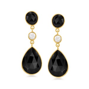 Ross-Simons Black Onyx and 5mm Cultured Freshwater Button Pearl Drop Earrings in 18kt Gold Over Sterling - 1 of 3