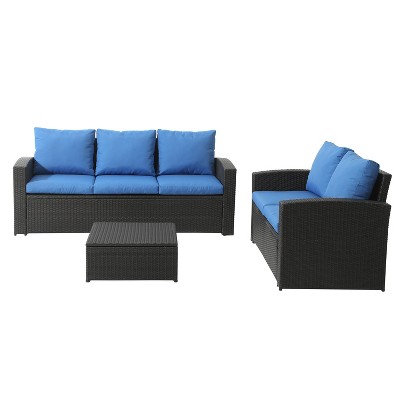 3pc Wicker Rattan Sofa Set with Blue Cushions - Accent Furniture