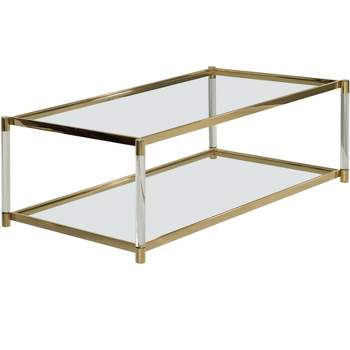 Fabulaxe Acrylic Rectangular Modern Gold Metal Coffee Table with Tempered Glass and Shelf for Office, Dining Room, Entryway