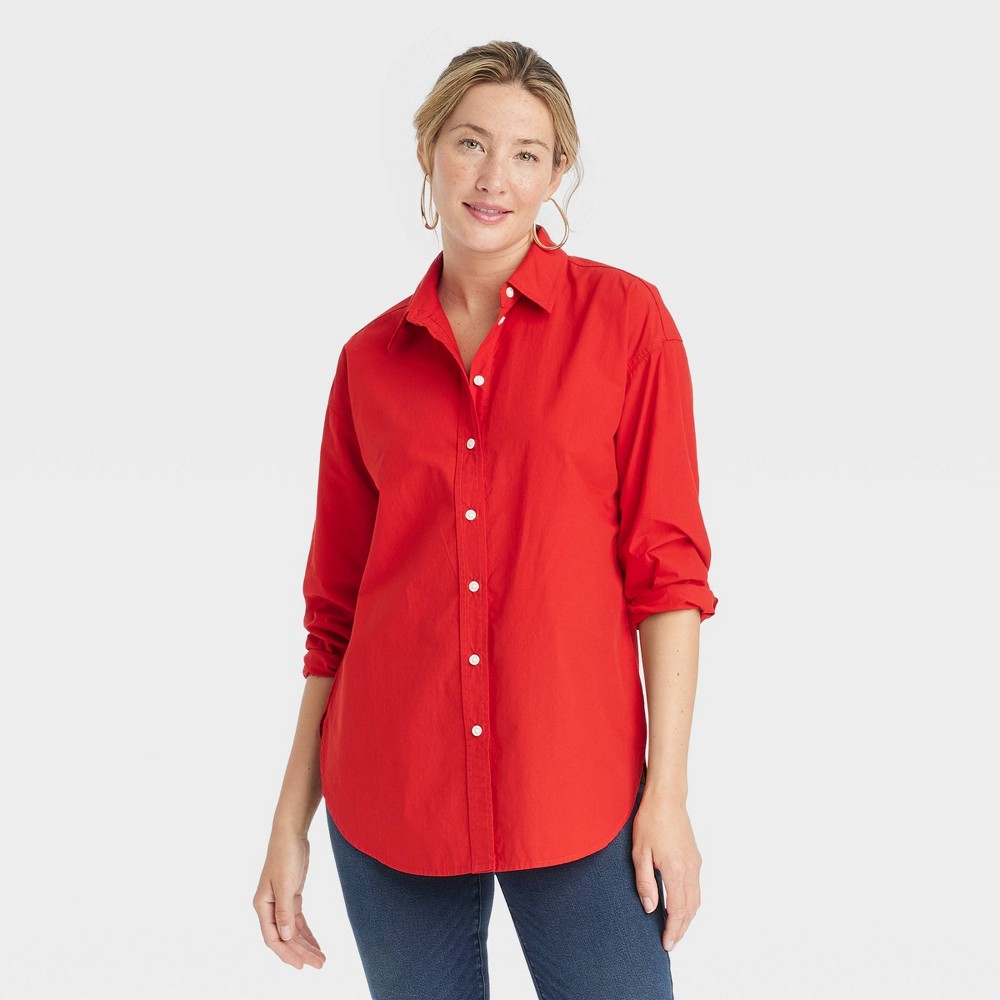 Women's Oversized Long Sleeve Collared Button-Down Shirt - Universal Thread™ Red XS