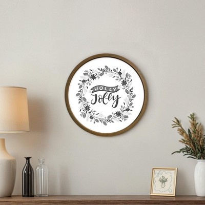 Holly Jolly Wreath 20 x 20 Round Brown Framed Print
