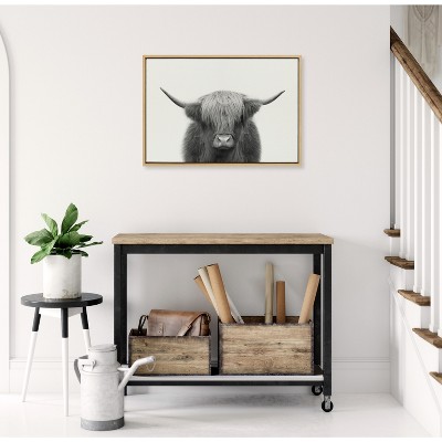Large Black and White Highland Cow Canvas Print with Natural Frame
