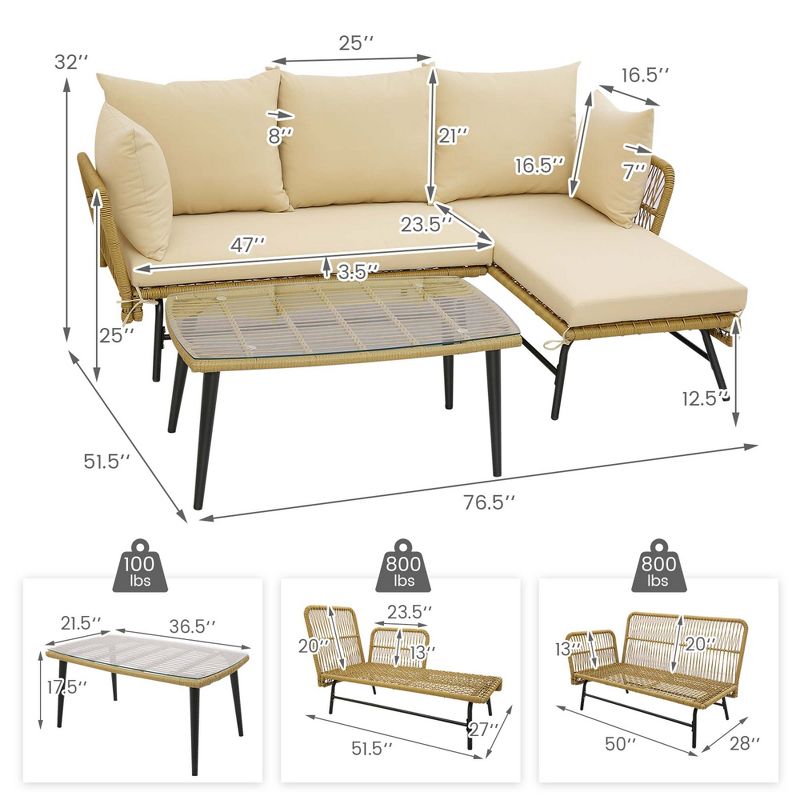 Costway 3 PCS L-Shaped Patio Sofa Set Conversation Furniture with Cushions Deck Garden Black/Beige, 3 of 11