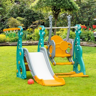 Vynxaria 3 in 1 Toddler Swing and Slide Set, Kids Slide with Climber, Basketball Hood, Baby Playground Set, Indoor/Outdoor Toy for Ages 1.5-3