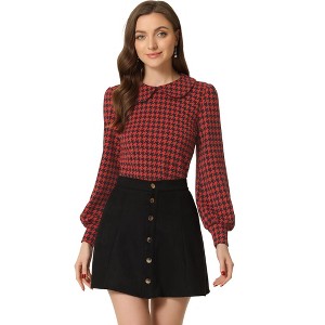 Allegra K Women's Peter Pan Collar Fashion Puff Long Sleeve Houndstooth Plaid Blouse - 1 of 4