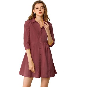 INSPIRE CHIC Women's 3/4 Sleeve Button Front Solid Color Flare Mini Shirt Dress - 1 of 4