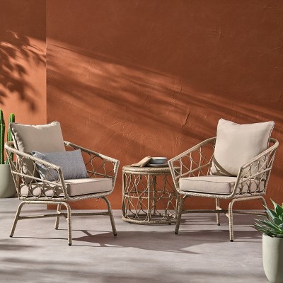 Coolbibila 3 Piece Outdoor Patio Chat Chairs And Side Table Sets,Fabric Upholstered Patio Arm Chairs,PE Rattan Woven Patio Dining Chair