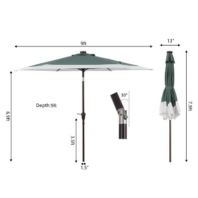 Spencer 9 ft. Green and White Aluminum Coastal Patio Umbrella with LED Lights