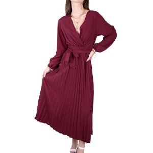 Anna-Kaci Women's Long Sleeve V-Neck Maxi Dress with Pleated Skirt and Waist Tie - 1 of 4
