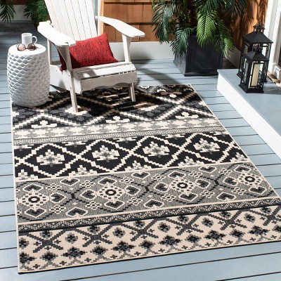 Black and Beige Rectangular Synthetic Indoor/Outdoor Rug