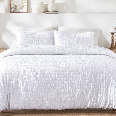 Oversized King White Cotton Seersucker Duvet Cover Set