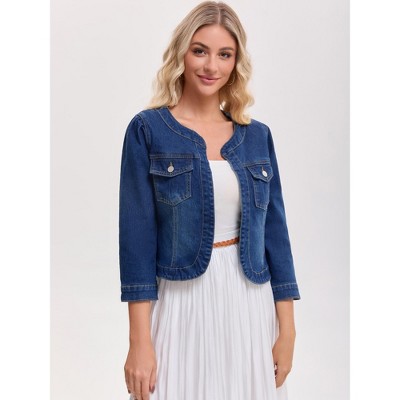Женские куртки INSPIRE CHIC Women's Denim Collarless 2026 Causal 3/4 Sleeve Pockets Jean Jackets X-Large Blue — фото 2